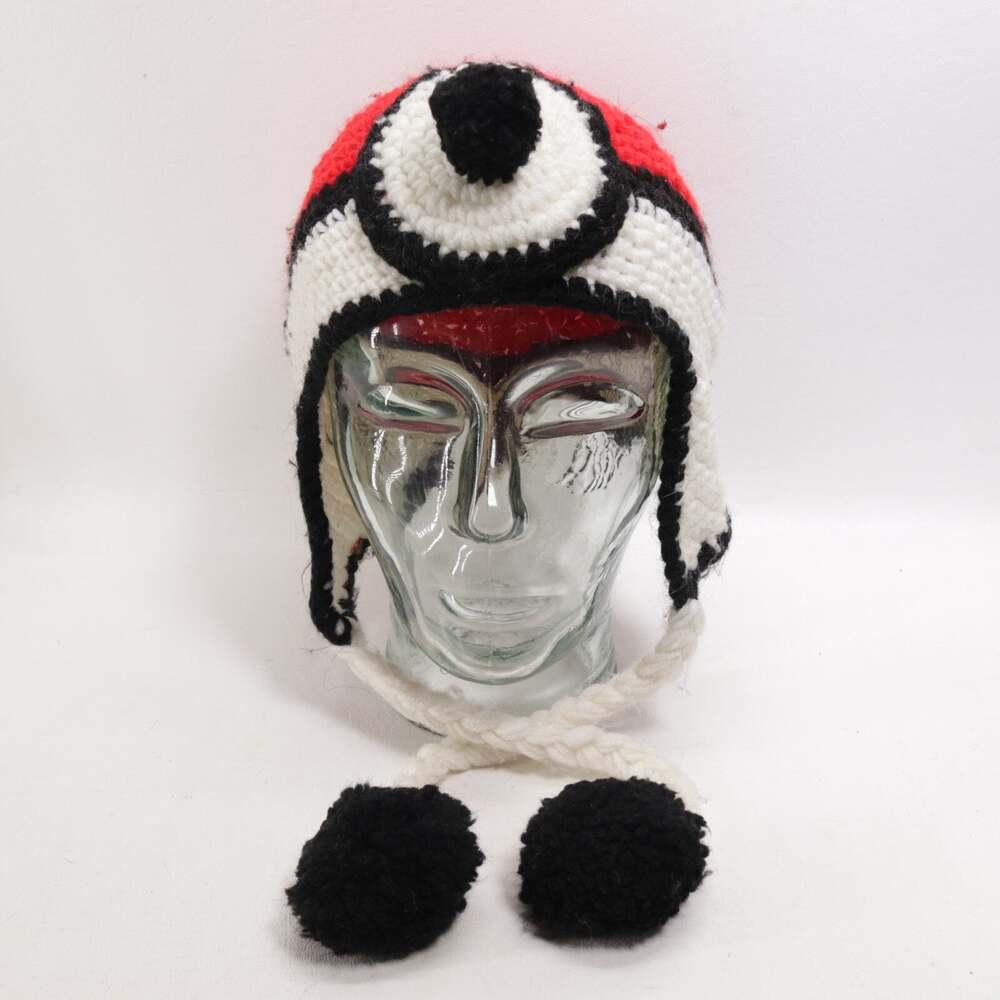 Vtg Hand Crochet Beanie Hat M Black White Red Pom Pom Ear Flap Ties